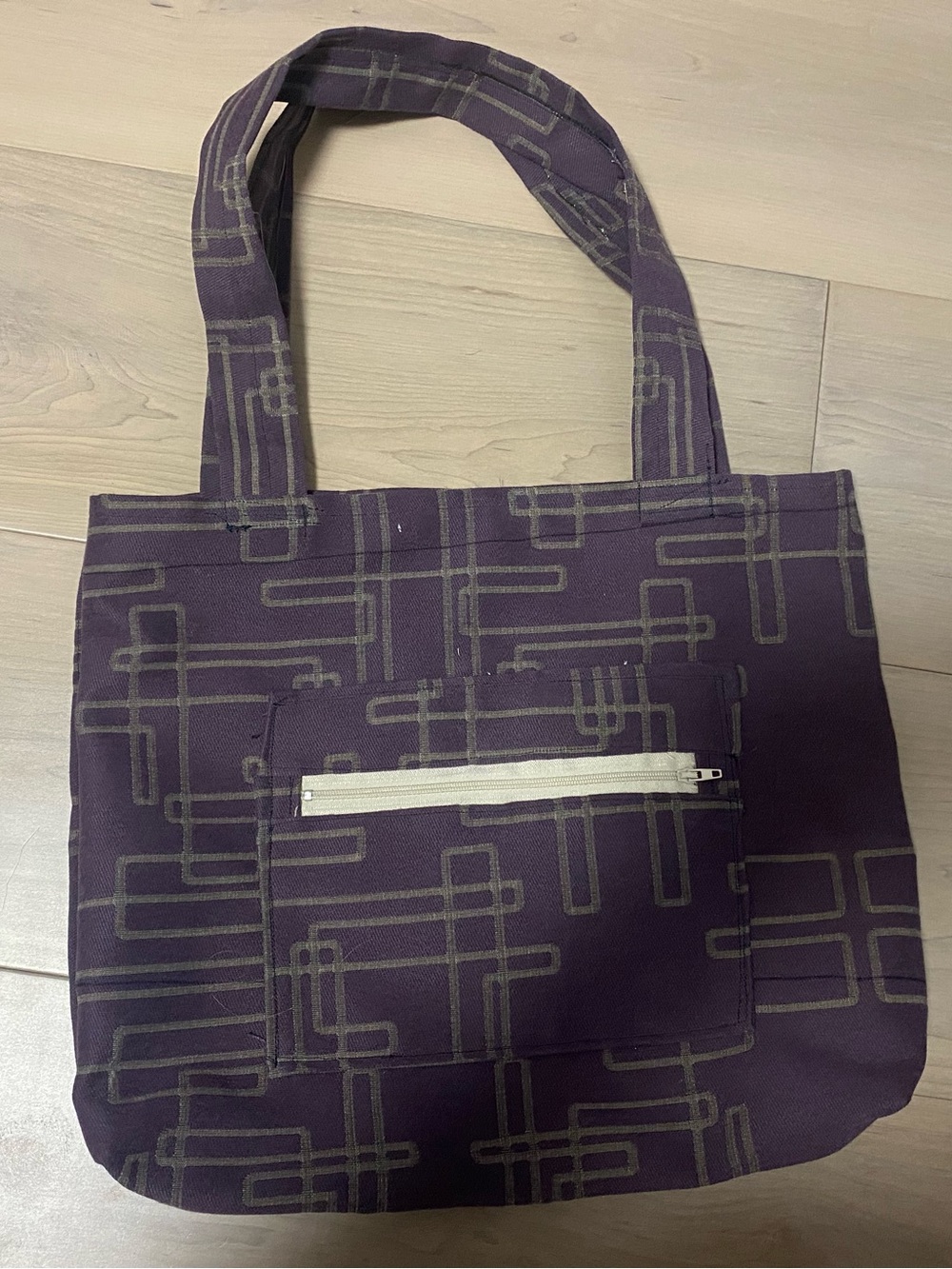 Purple Geometric Canvas Tote with Front Zip Pocket
